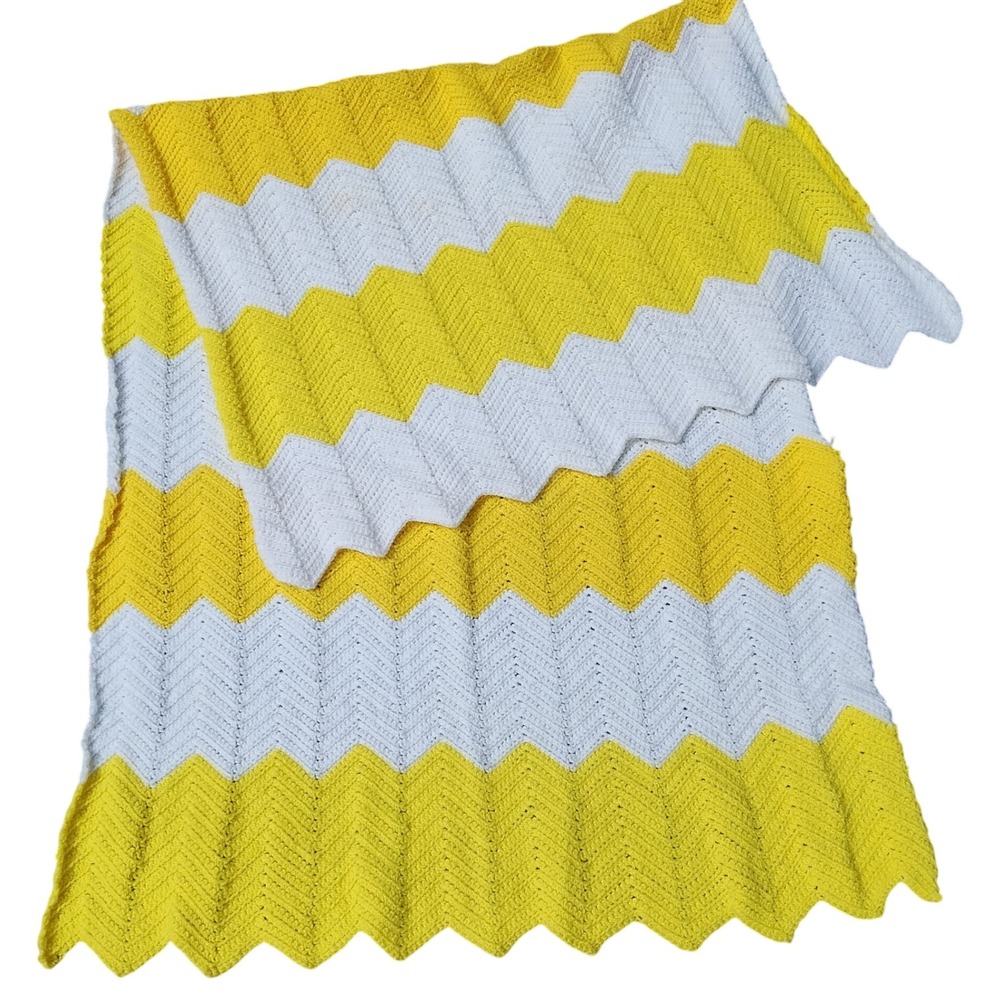 Handmade VTG Crochet Blanket Yellow Chevron Afghan Throw Knit 68x36" CottageCore